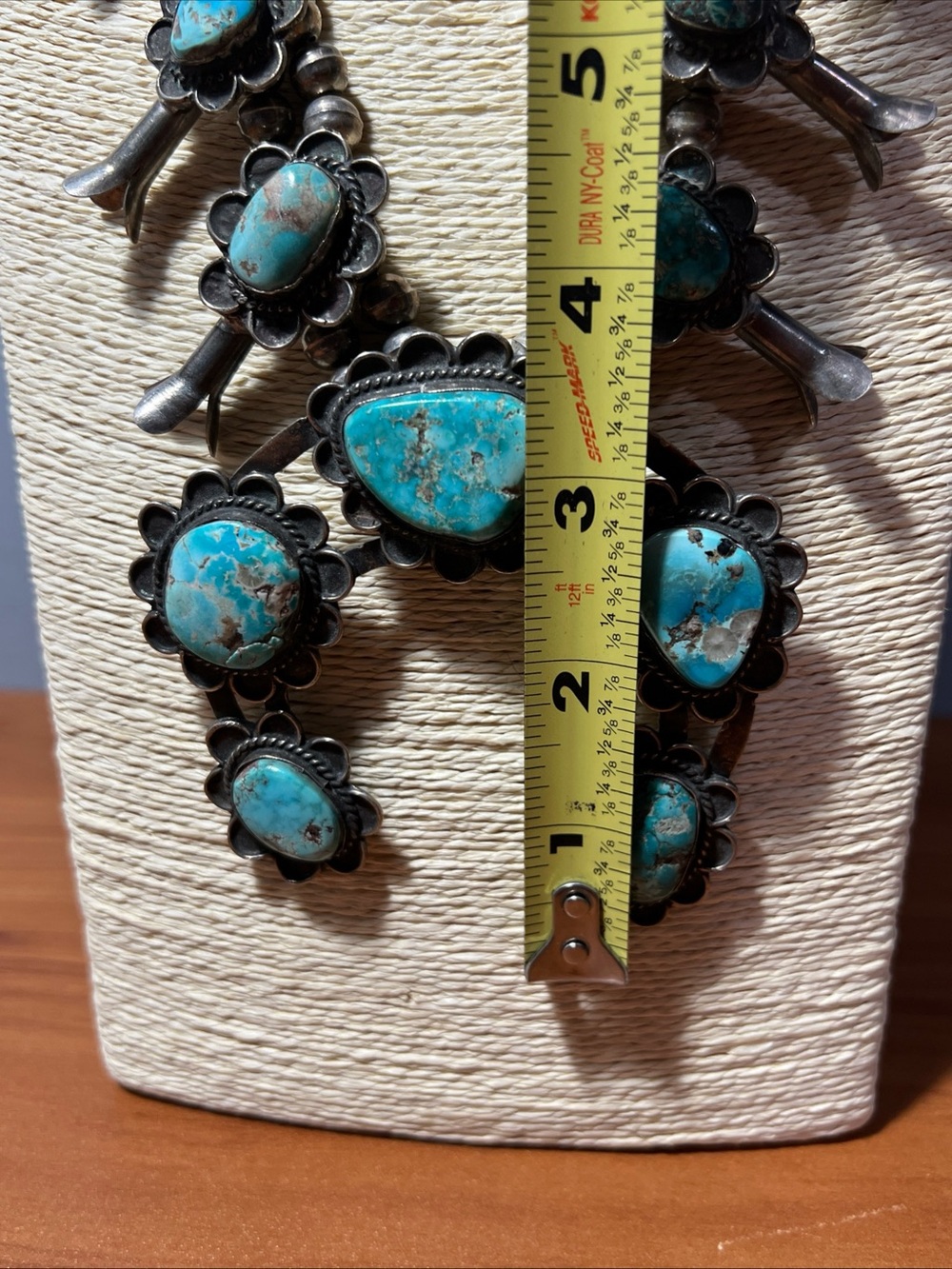 Vintage 60s Navajo Bisbee Turquoise .925 Silver Squash Blossom 24”Necklace 220g - Picture 14 of 14